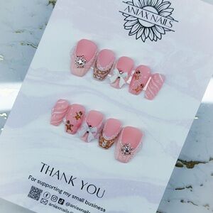 Festive Pink French Nails with Gingerbread Men Press On Nails